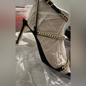 JLo heels with gold chain strap
